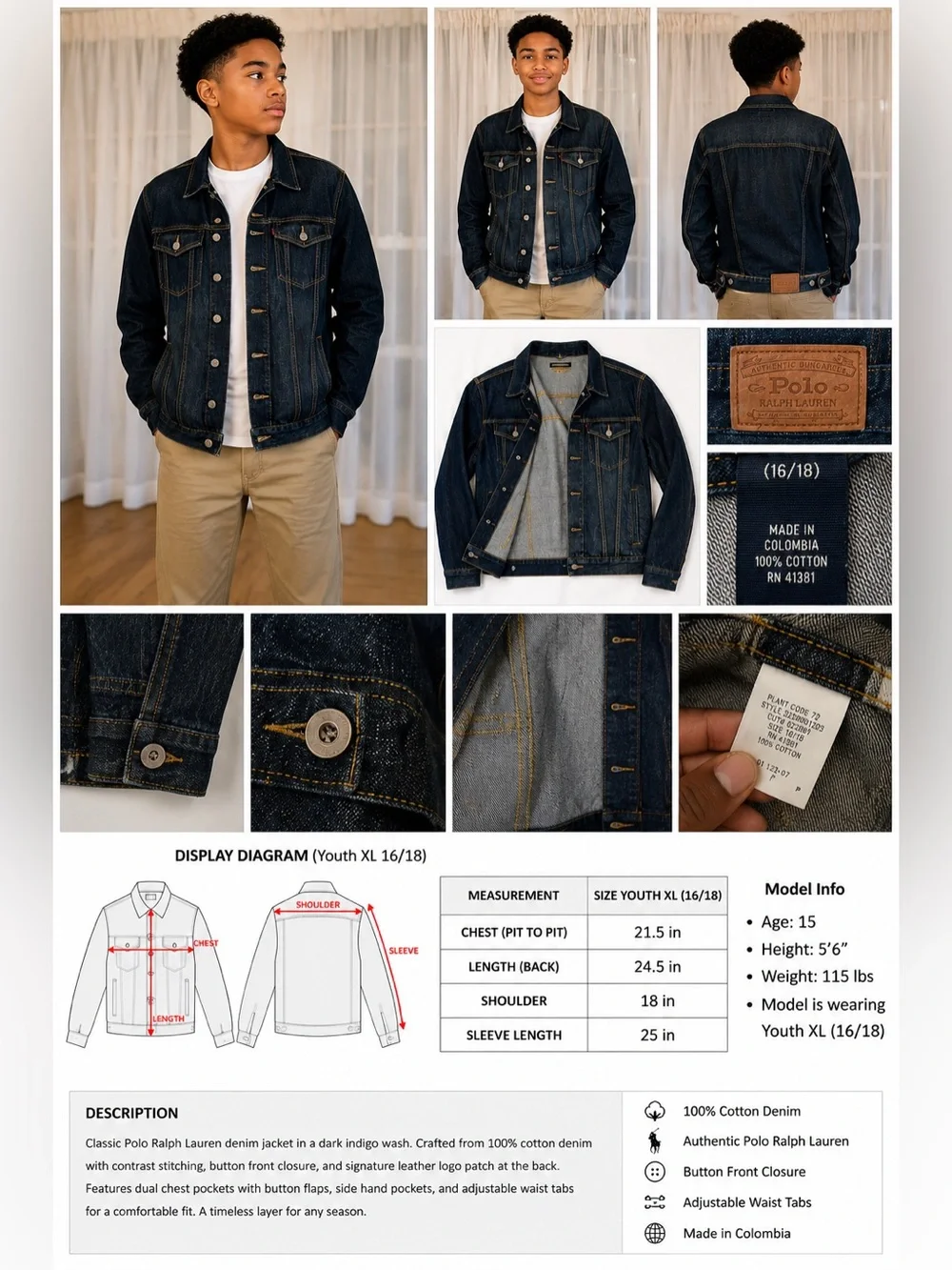 Polo Ralph Lauren Dungarees Dark Wash Denim Trucker Jacket Kid’s  XL 16/18